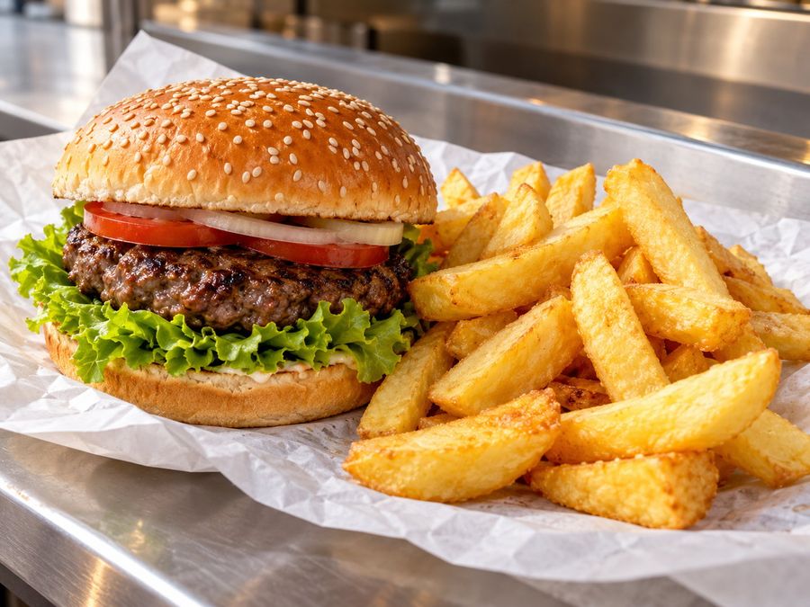 Illustrative photo of burger and chips