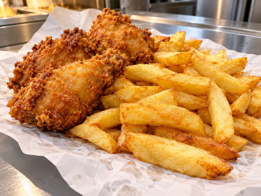 Illustrative photo of fried chicken and chips