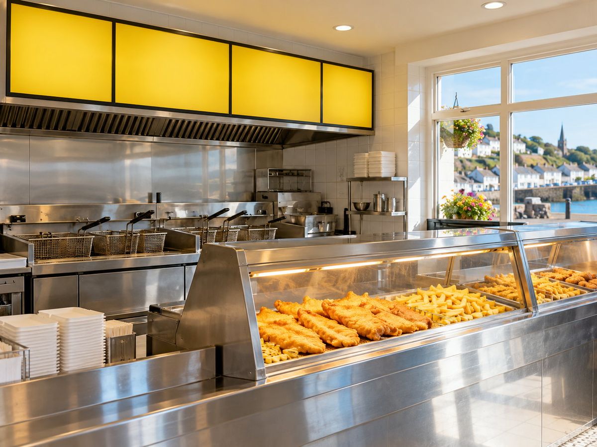 Illustrative photo of a bright chipper counter with a menu board