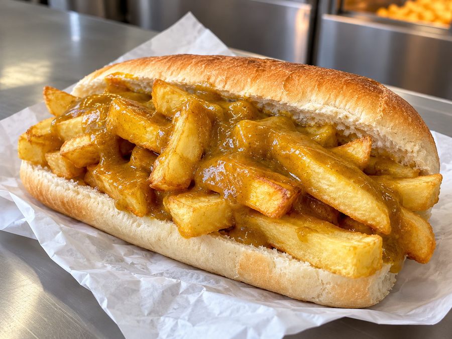 Illustrative photo of curry chip butty with chips and curry sauce in a long roll