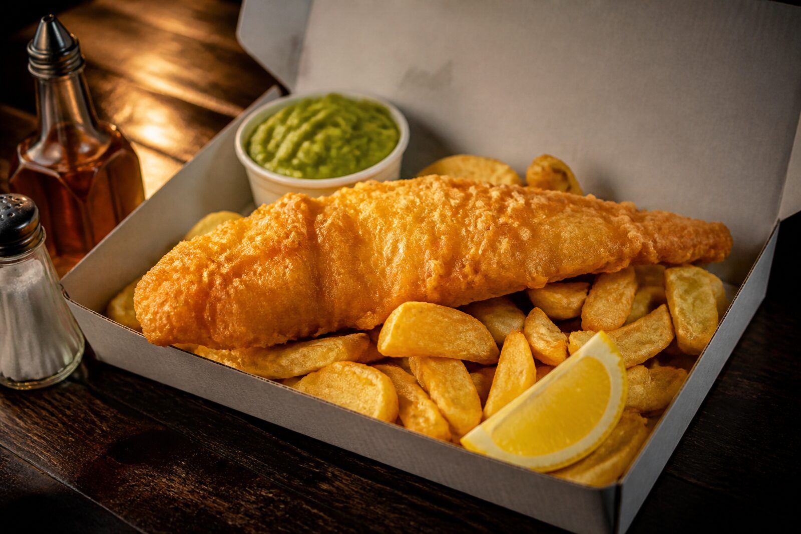 Illustrative photo of battered cod and chips in a takeaway box