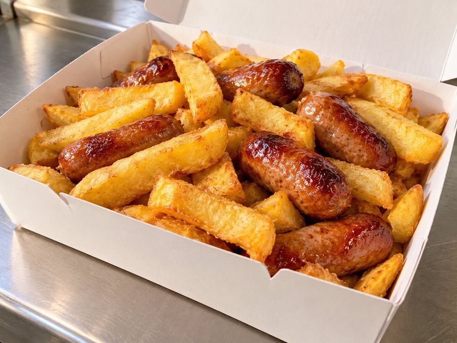 Illustrative photo of cocktail sausages and chips